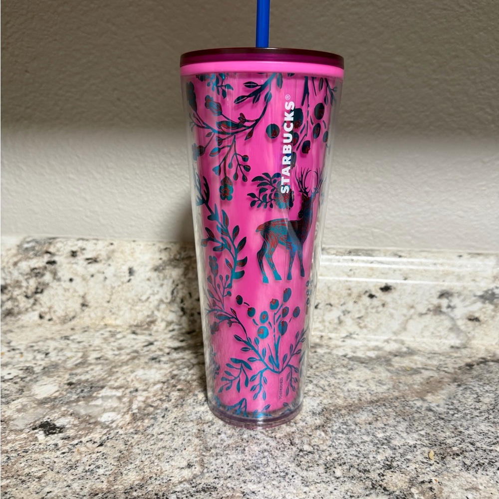 Starbucks Pink Tumbler with Teal Floral & Deer Motif